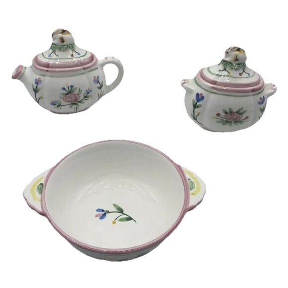 VTG The Haldon Group BUNNY RABBIT FLORAL Ceramic Sugar Creamer Bowl 1990 Cottage - Picture 3 of 16